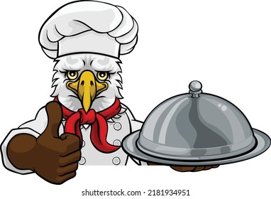 An Eagle Chef Mascot Cartoon Character Holding A Silver Platter Cloche Dome Of Food Peeking Round A Sign And Giving A Thumbs Up