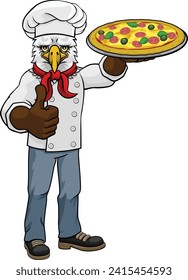 Ein Adler-Chefkoch-Maskottchen-Cartoon, der eine Pizza hält und einen Daumen hoch hält