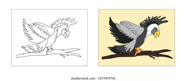 Eagle coloring book design with monochrome and colored versions. Freehand sketch for adult anti stress coloring book page with doodle elements. Vector Illustrations for kids book.