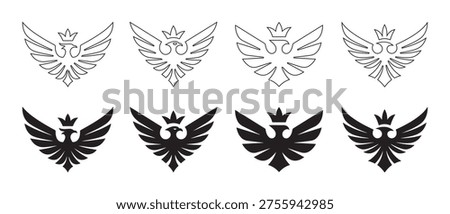 Eagle Crest Icons. Line Art and Silhouette Variations with Crowns.