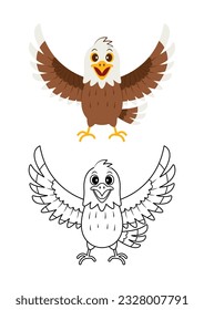 Eagle cute vector illustration cartoon isolated on white background. Eagle vector colored and colorless. Cute coloring page for kids. 