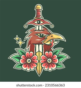 diseño vectorial de tatuajes de águila y daga