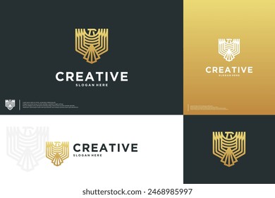 Logotipo de defensa de águila, con concepto de pájaro y escudo, estilo abstracto y arte de línea, Plantilla de diseño de logotipo.