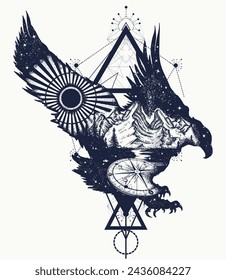 Eagle double exposure tattoo. Sacred geometry art. Flying hawk, mountains and compass. Symbol of the wild nature, adventure, travel, outdoor and freedom. Creative t-shirt design concept