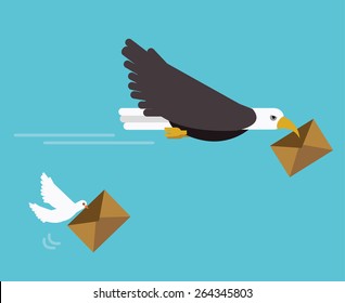 Eagle And Dove Mail Delivery. Fast Delivery Concept. Flat Vector Illustration