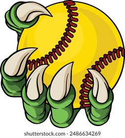 An eagle, dragon or dinosaur monster claw hand holding a softball or baseball ball illustration