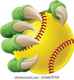 An eagle, dragon or dinosaur monster claw hand holding a softball or baseball ball illustration