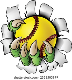 An eagle, dragon or dinosaur monster claw hand holding a softball or baseball ball illustration