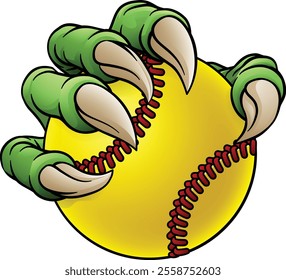 An eagle, dragon or dinosaur monster claw hand holding a softball or baseball ball illustration