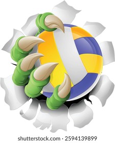 An eagle, dragon or dinosaur monster claw hand holding a volleyball volley ball illustration