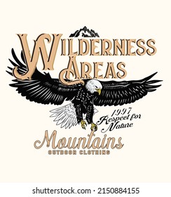 Eagle drawing with spread its wings.Wilderness areas.outdoor themed graphic design.