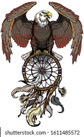 eagle with dreamcatcher. American native indians dreamcatcher. Front view tattoo style vector illustration