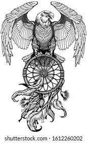 eagle with dreamcatcher. American native indians dreamcatcher. Black and white tattoo style vector illustration