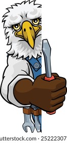 An eagle electrician, handyman or mechanic holding a screwdriver and peeking round a sign