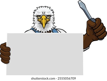 An eagle electrician handyman or other construction cartoon mascot man holding a screwdriver tool.