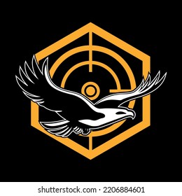 Eagle emblem isolated on black vector illustration. with target icon 