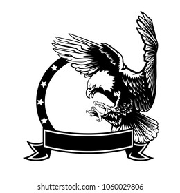 Eagle emblem isolated on white illustration. American eagle. Bird symbol of freedom and independence. Retro color logo of falcon.