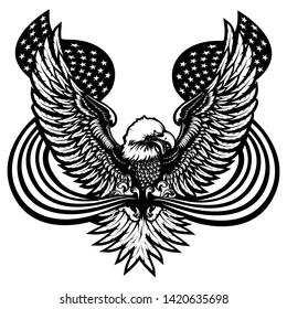 Eagle emblem isolated on white vector illustration. World symbol of freedom and independence. Retro color logo of falcon. American flag eagle emblem. 4 july theme background.