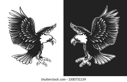 Eagle emblem isolated on white vector illustration. World symbol of freedom. Retro color logo of falcon. Eagle detailed logo.