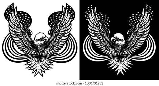 Eagle emblem isolated on white vector illustration. World symbol of freedom and independence. Retro color logo of falcon. American flag eagle emblem. 4 july theme background.