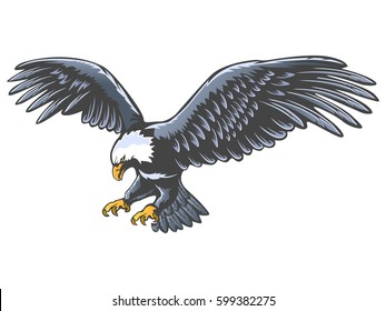 Emblema de águila aislado en ilustración vectorial blanca. Símbolo estadounidense de libertad. Logo de color retro de halcón.