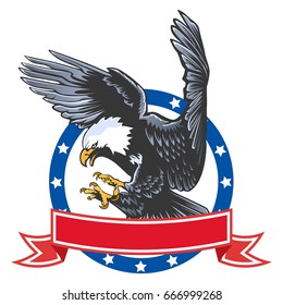 Eagle emblem isolated on white vector illustration. American symbol of freedom and independence. Retro color logo of falcon.