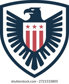 Emblema del águila con el escudo y las estrellas, Ilustración vectorial, estilo gráfico audaz, uso del símbolo