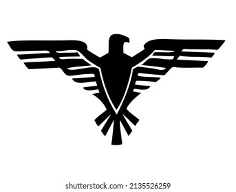 Eagle emblem with spread wings, heraldic symbol, bird, predator, wild animal, design, vector, illustration in black and white color, isolated on white background