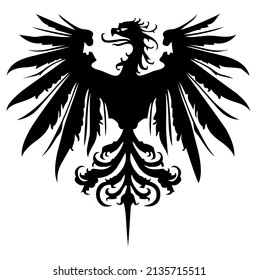 Eagle emblem with spread wings, heraldic symbol, bird, predator, wild animal, design, vector, illustration in black color, isolated on white background