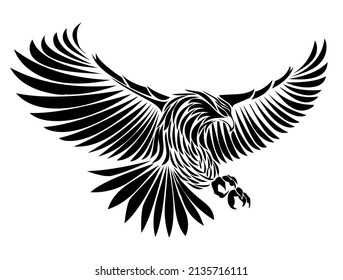 Eagle emblem with spread wings, heraldic symbol, bird, predator, wild animal, design, vector, illustration in black and white color, isolated on white background