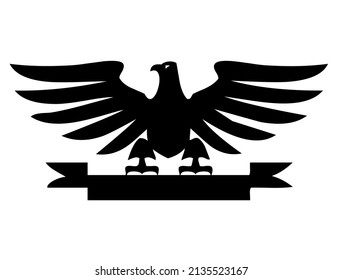 Eagle emblem with spread wings and ribbon, bird, predator, wild animal, emblem, heraldic symbol, vector, illustration in black color, isolated on white background