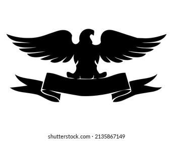 Eagle emblem with spread wings and ribbon, bird, predator, wild animal, emblem, heraldic symbol, vector, illustration in black color, isolated on white background