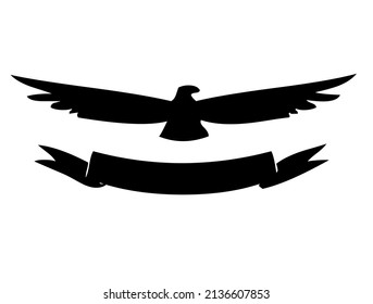 Eagle emblem with spread wings and ribbon, bird, predator, wild animal, emblem, heraldic symbol, vector, illustration in black and white color, isolated on white background