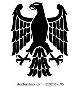 Eagle emblem with wings, heraldic symbol, bird, predator, wild animal, wildlife, design, vector, illustration in black and white color, isolated on white background