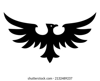 Eagle emblem with wings, heraldic symbol, bird, predator, wild animal, wildlife, design, vector, illustration in black and white color, isolated on white background