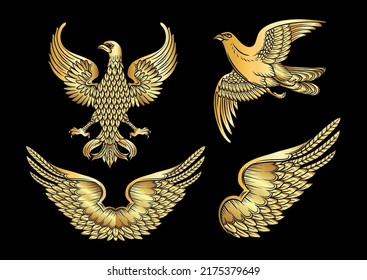 Eagle, falcon, bird, wing, double wings. Traditional character styles for coats of arms and shields. Clip art, set of elements for design Vector illustration.