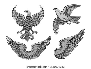 Eagle, falcon, bird, wing, double wings. Traditional character styles for coats of arms and shields. Clip art, set of elements for design Vector illustration.