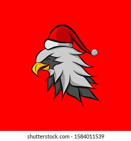 the eagle falcon hawk cartoon christmas with santa claus cap logo design on red background