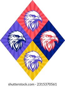 Eagle, falcon, hawk head logo, icon, vector illustration. Perfect for corporate design. Diamond shapes shields with rays backround.
