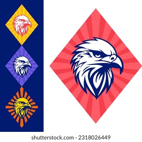 Eagle, falcon, hawk head logo, icon, vector illustration. Perfect for corporate design. Diamond shapes shields with rays backround.