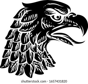 An eagle, falcon hawk or phoenix head face mascot in engraved style.