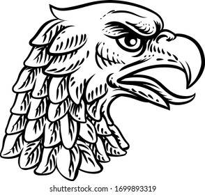 An eagle, falcon hawk or phoenix head face mascot in engraved style.