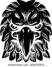 An eagle, falcon hawk or phoenix head face mascot in engraved style.