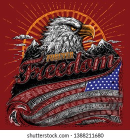 eagle fashion illustration american flag vector drawing forever freedom slogan tee shirt print graphic design