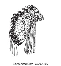 Eagle feather hat of Indians, hand drawn doodle, sketch in woodcut style, black and white vector illustration