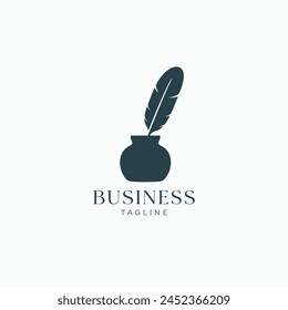 Pluma de águila en botella de tinta con diseño de logotipo mínimo.  Elegante pluma de pluma antigua en tinta, símbolo de letras vintage.
