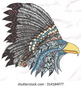 Eagle in feathered tribal headdress. Hippie ornament. Hand drawn.