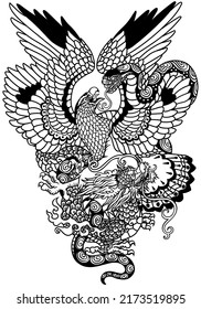 eagle fighting with a snake serpent and dragon. The battle between symbolic creatures. Tattoo style vector illustration