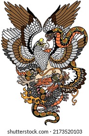 águila luchando con una serpiente de serpiente y dragón. La batalla entre criaturas simbólicas. Ilustración vectorial de estilo Tatto