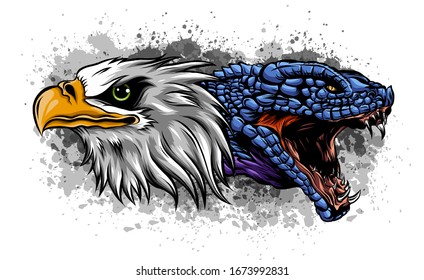 eagle fighting a snake serpent . Tattoo style vector